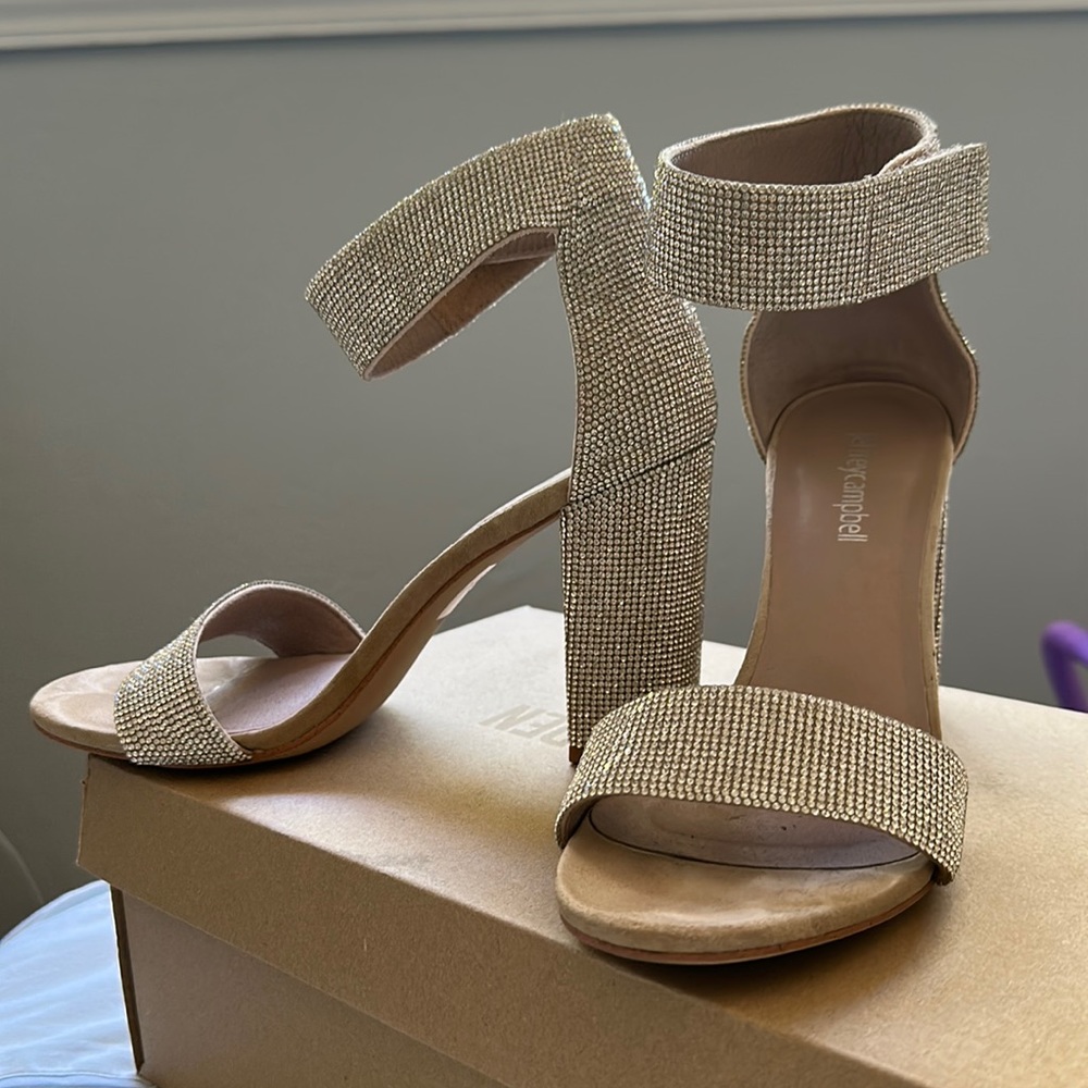 Jeffrey Campbell Lindsay sandal rhinestone stacked heel ankle strap size 7.5